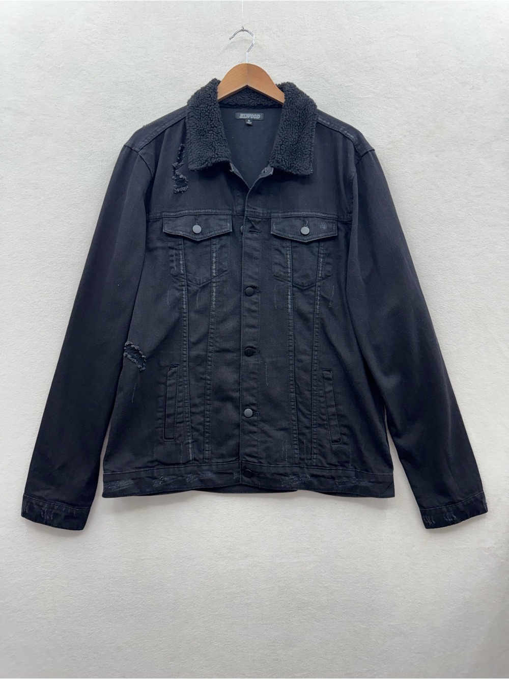 Elwood Mens XL Black Denim Sherpa Collar Distressed Trucker Jacket Button Up